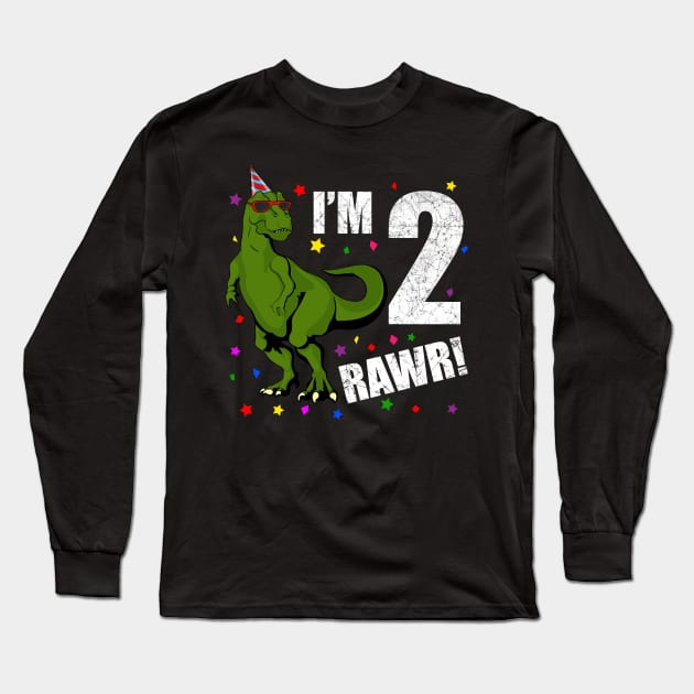 Bday Kids 2 Years Old Dinosaur Birthday Long Sleeve T-Shirt by KawaiiAttack